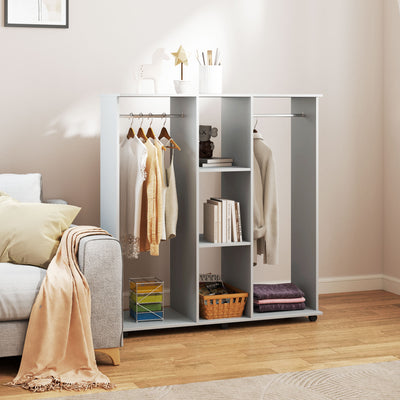 HOMCOM Open Wardrobe Double Mobile Storage Shelves Organizer W/6 Wheels-Grey 