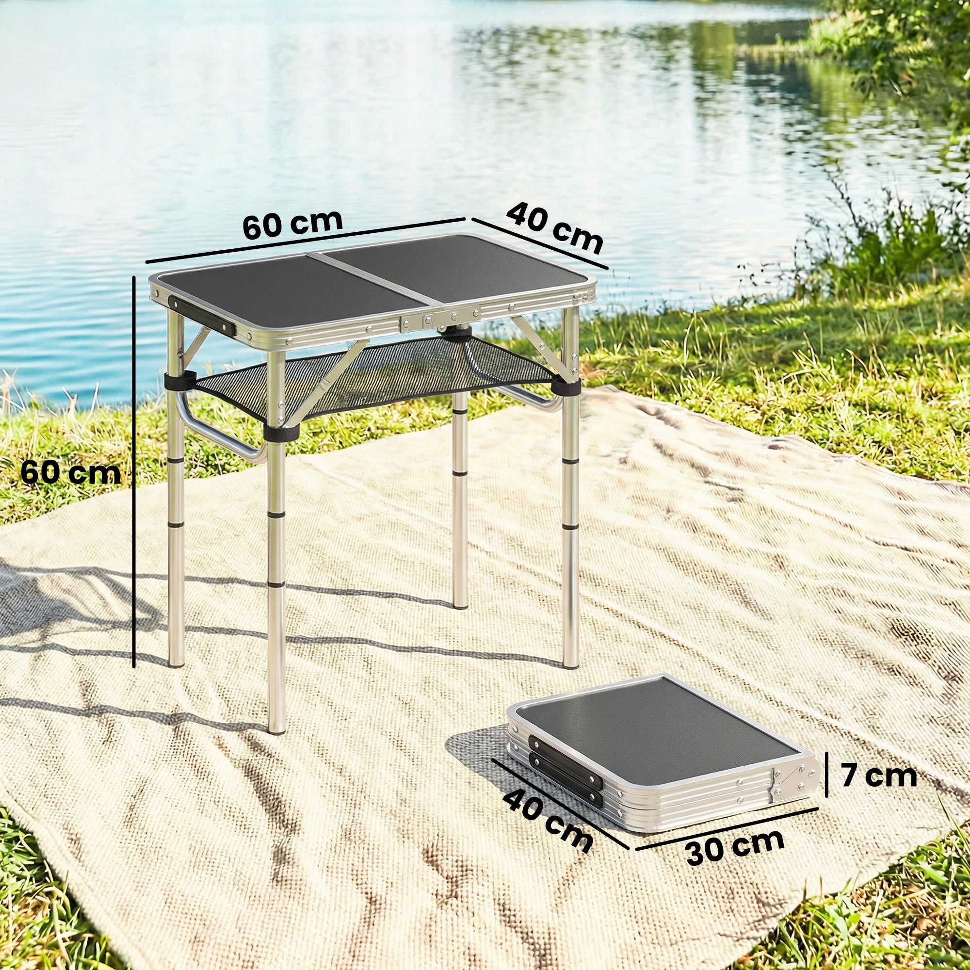 Outsunny 2ft Folding Camping Table, Picnic Table with Mesh Storage Layer, 4 Adjustable Heights and Carrying Handle, Black 
