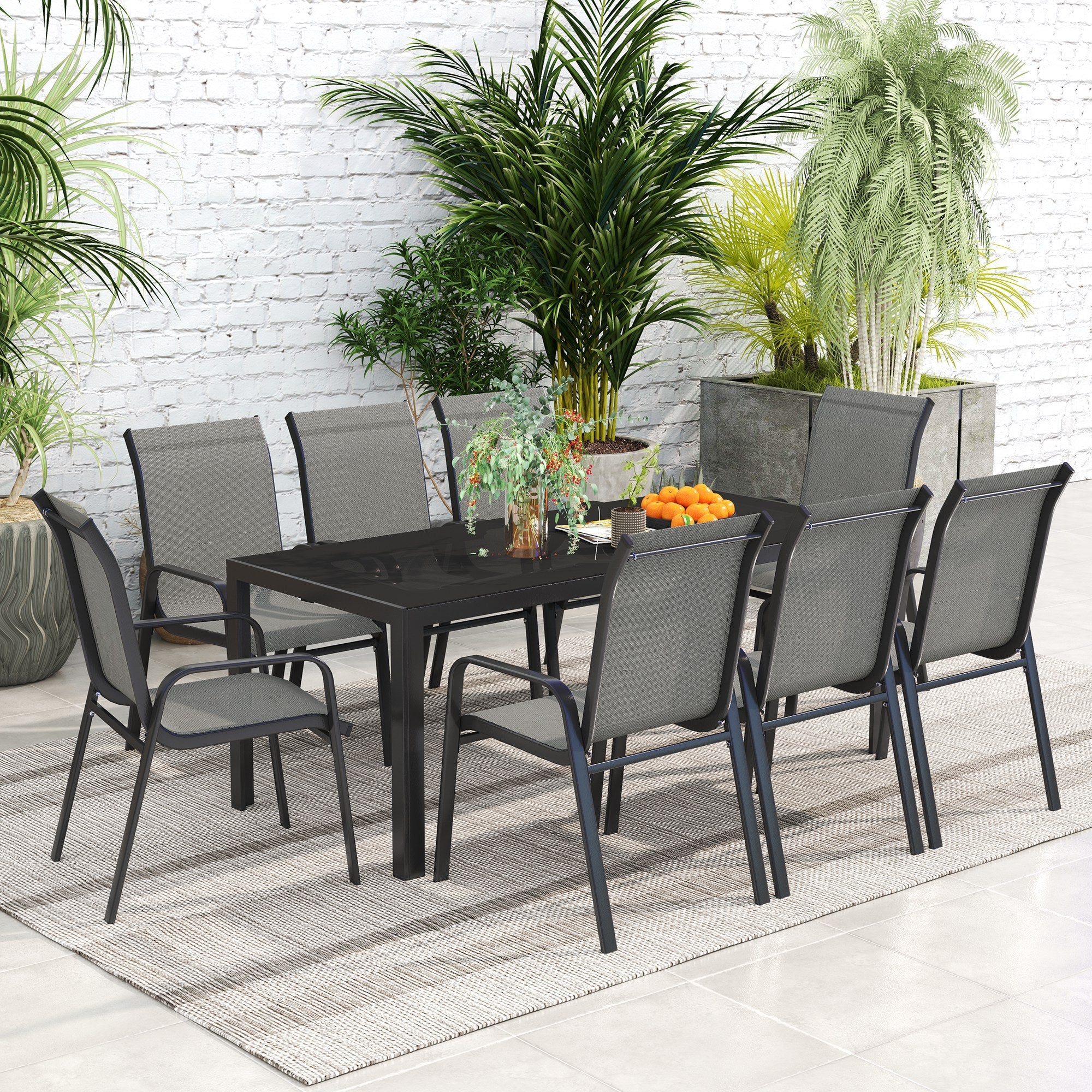 Outsunny 8 Seater Garden Dining Set with Stacking Chairs, Rectangular Tempered Glass Top, Garden Furniture Set, Outdoor Dining Table and Chairs for Patio, Balcony, Poolside, Dark Grey 