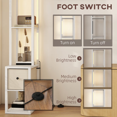 HOMCOM Floor Lamp with Shelves, LED Column Modern Standing Lamp with Fabric Drawer, Adjustable Brightness, Foot Switch for Living Room, Bedroom, Office, White 