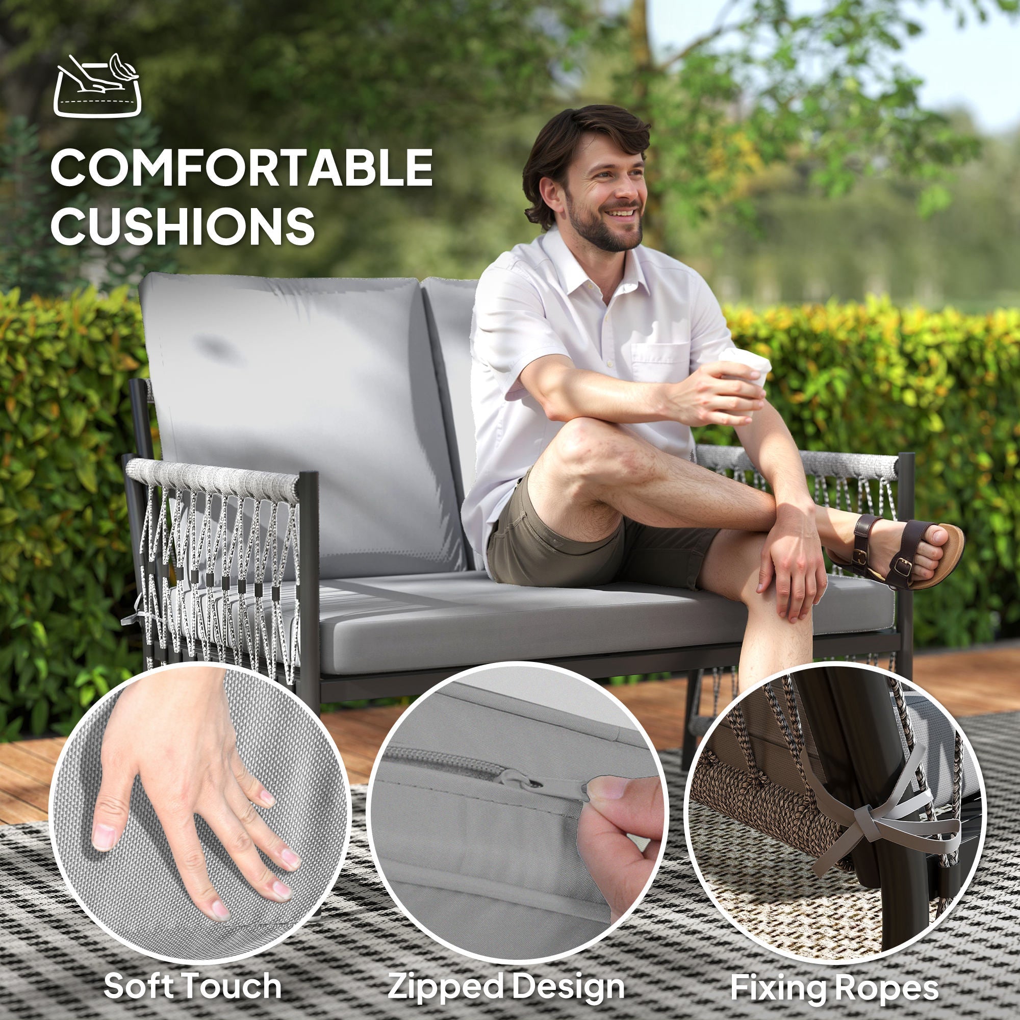 Outsunny 4 Piece Rattan Garden Furniture Set, 4 Seater Wicker Patio Conversation Set with 2 Armchairs, Loveseat, Glass Top Coffee Table and Cushions for Outdoor, Balcony, Grey 