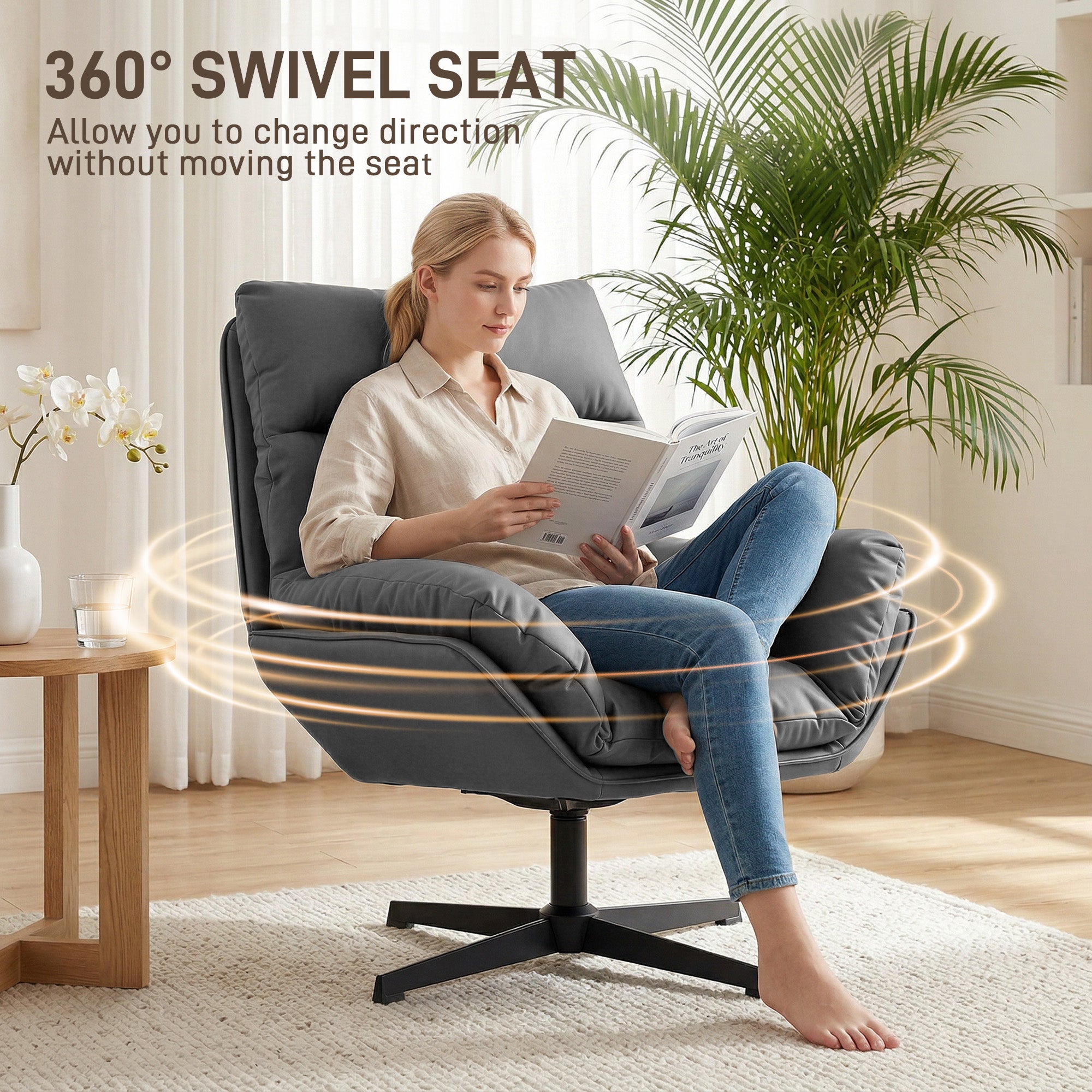 HOMCOM Accent Chair with 360 Swivel Armchair for Living Room with Padded Cushion Dark Grey 