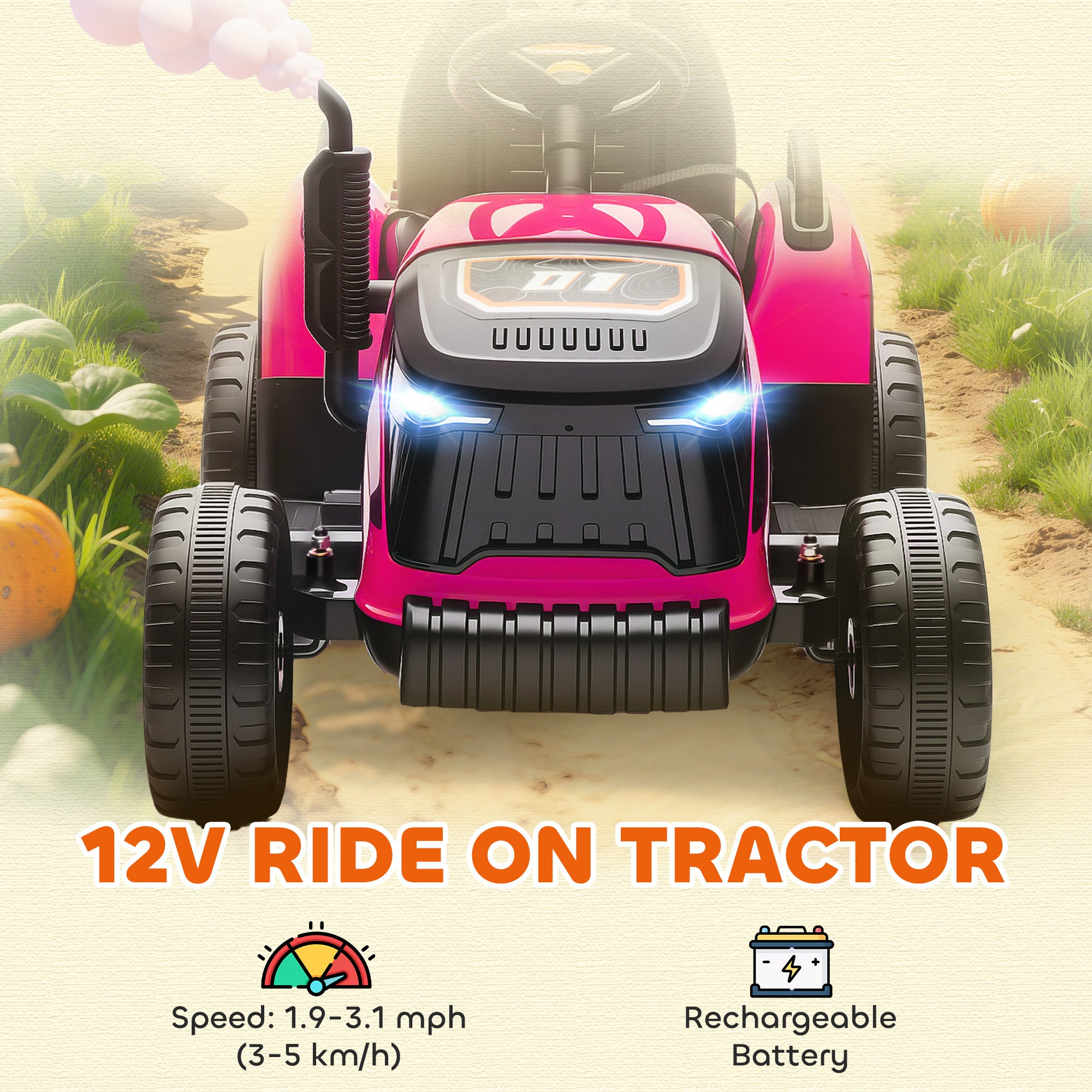 AIYAPLAY 12V Ride on Tractor and Trailer with Remote Control, Music, Shifter, Start-Up Sound, for Kids Ages 3-8 Years, Pink