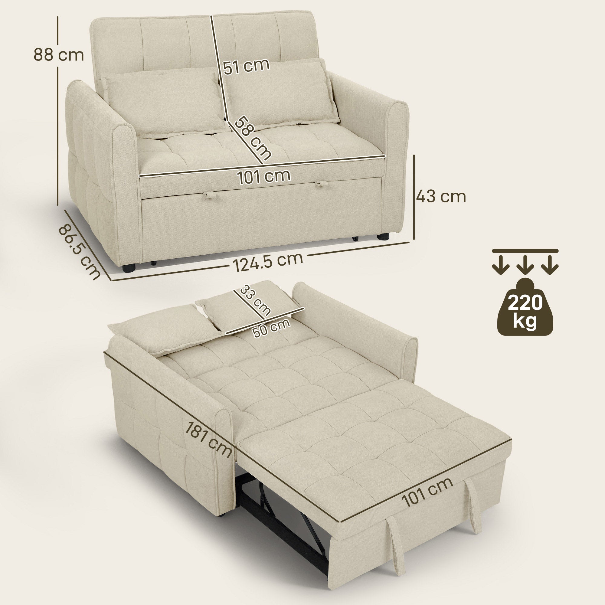 HOMCOM 2 Seater Sofa Bed, 3-in-1 Convertible Sleeper Sofa with Click-clack Adjustable Backrest and 2 Pillows, Light Brown 