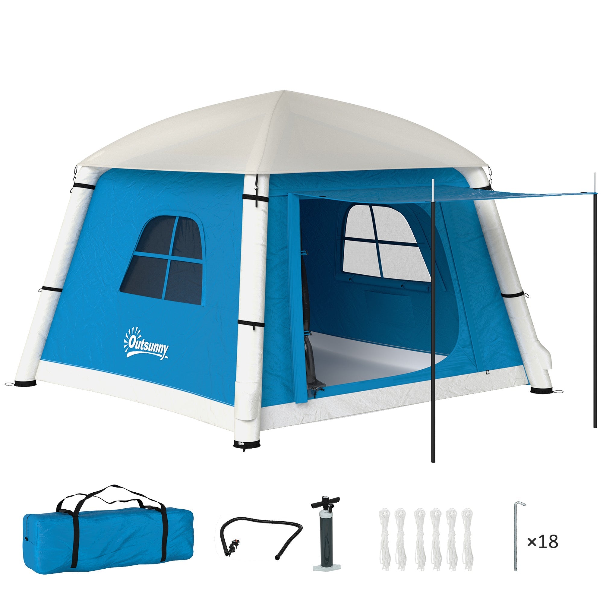Outsunny Inflatable Camping Tent w/ Hand Pump, Easy Setup 1/2 Person Blow Up Tent Waterproof 190T Taffeta w/ Mesh Windows, Doors and Carry Bag, Light Blue 