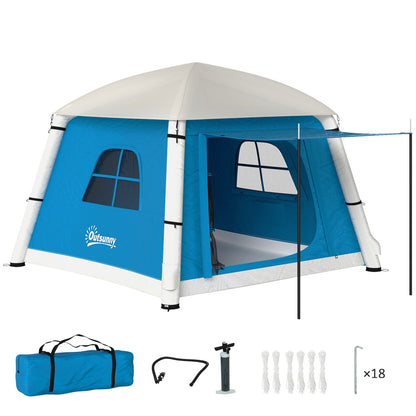 Outsunny Inflatable Camping Tent w/ Hand Pump, Easy Setup 1/2 Person Blow Up Tent Waterproof 190T Taffeta w/ Mesh Windows, Doors and Carry Bag, Light Blue 