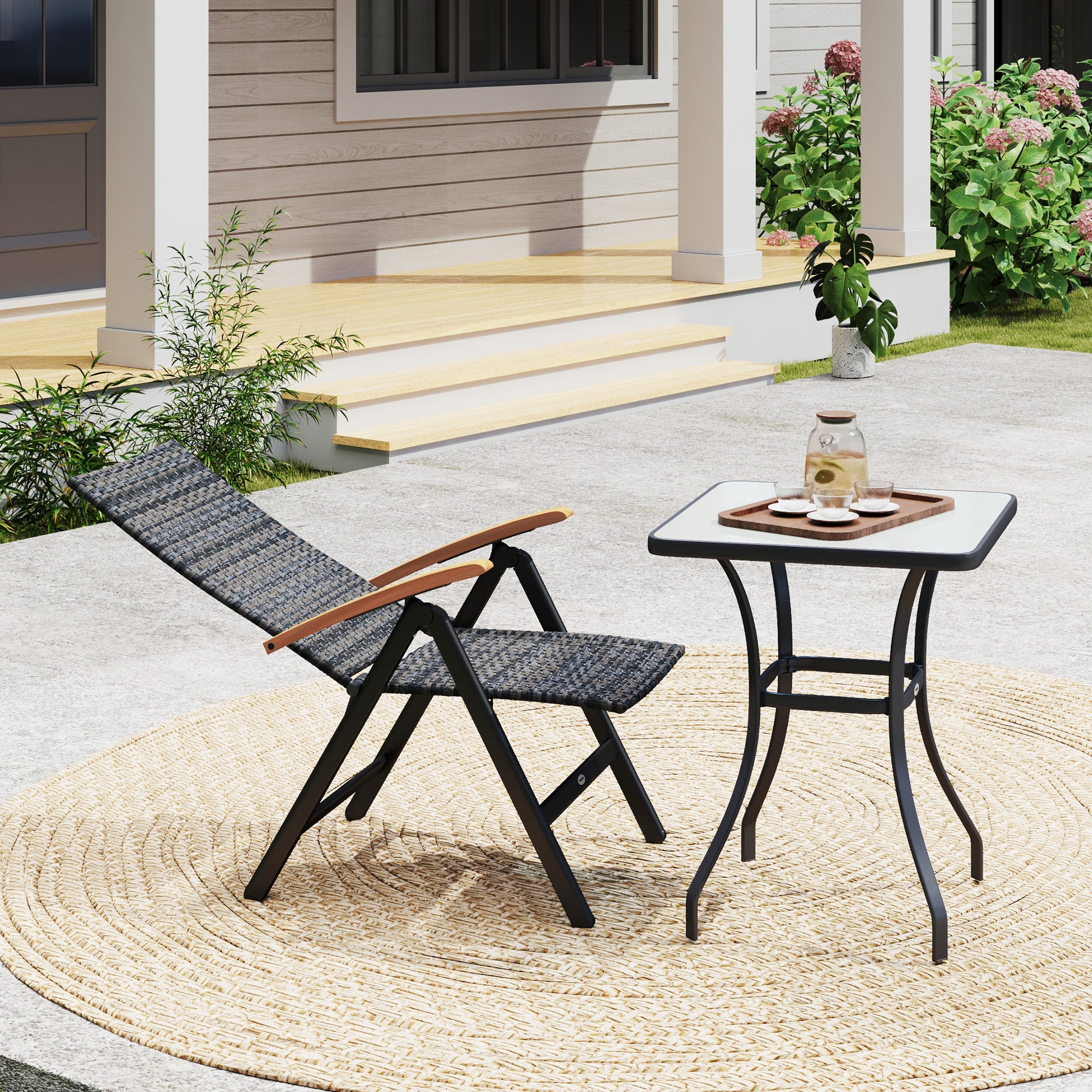 Outsunny Outdoor Folding Rattan Chair with Armrests, High Backrest, for Garden, Camping, Balcony, Porch - Mixed-grey 