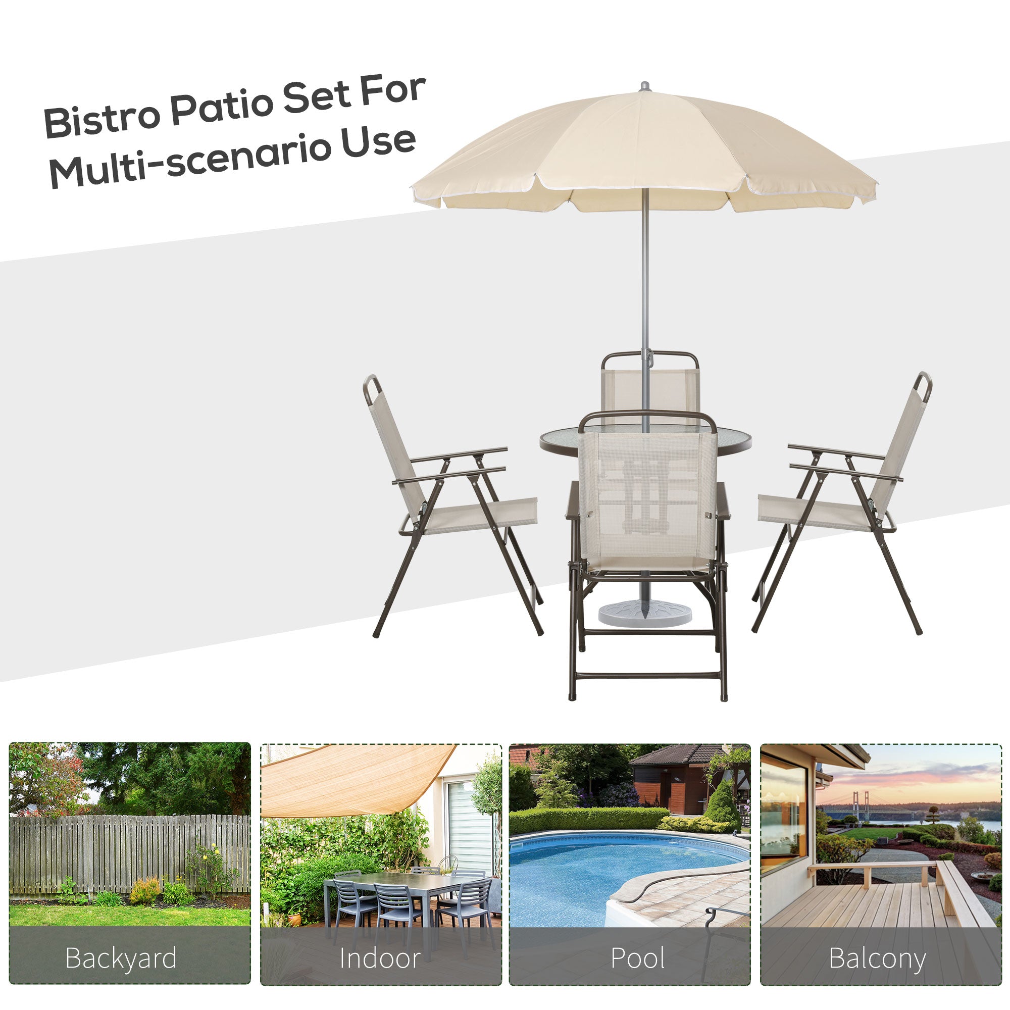 Outsunny Garden Patio Texteline Folding Chairs Plus Table and Parasol Furniture Bistro Set 6 Pieces - Coffee/Cream 
