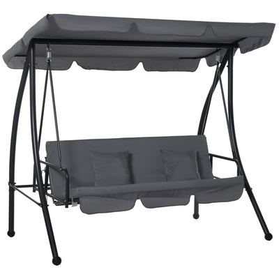 Outsunny Outdoor 2-in-1 Swing Chair Lounger 3 Seater Garden Swing Seat Bed Convertible Tilt Canopy W/ Cushion, Dark Grey 