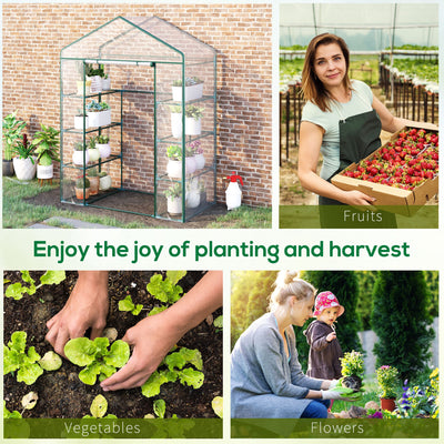 Outsunny Walk in Greenhouse with 4-Tier 8 Shelves, Green House with Hemmed Cover, Roll-up Zipped Door, Steel Frame, 143 x 73 x 195cm 