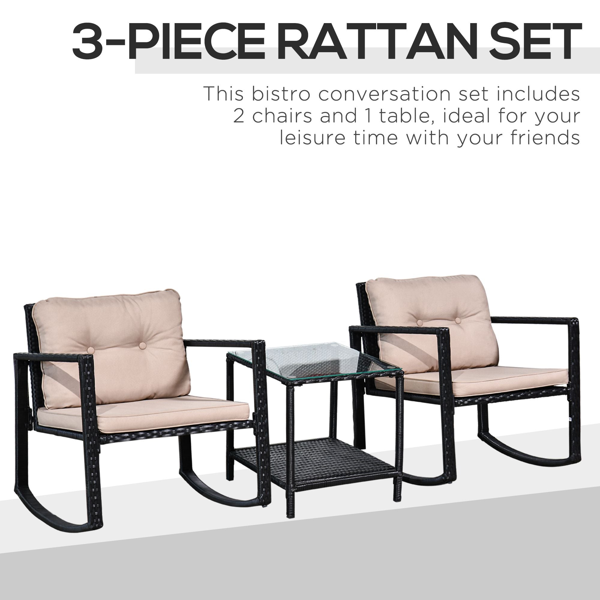 Outsunny 3 Pieces Rattan Garden Rocking Chair Set, Outdoor Rocking Bistro Set w/ 2 Cushioned Armchair and Glass Top Two-tier Coffee Table, Black 