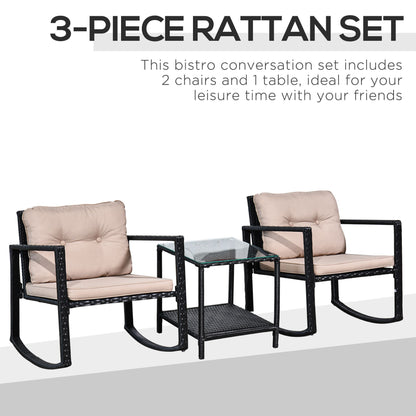 Outsunny 3 Pieces Rattan Garden Rocking Chair Set, Outdoor Rocking Bistro Set w/ 2 Cushioned Armchair and Glass Top Two-tier Coffee Table, Black 