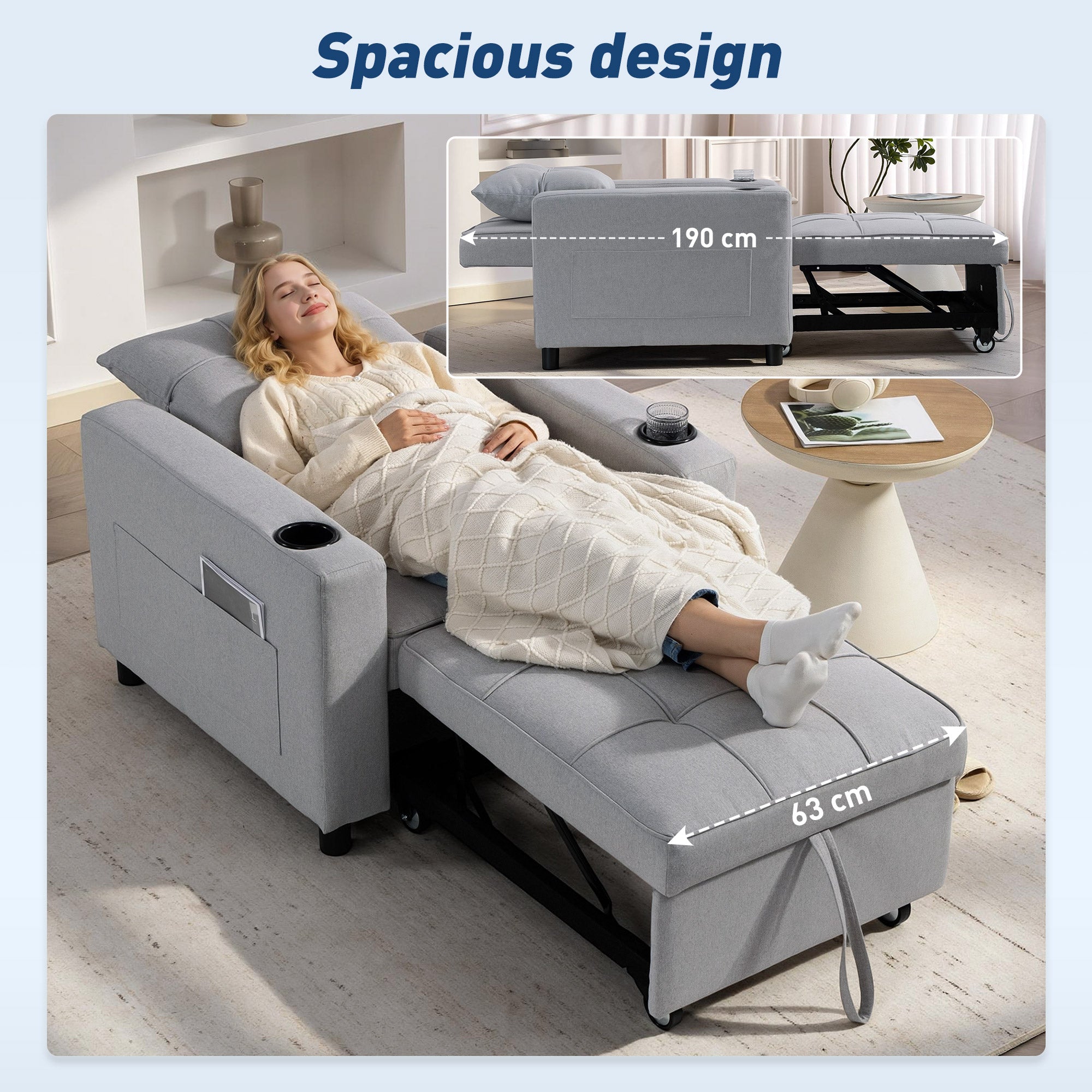 HOMCOM 3-in-1 Single Sofa Bed, Convertible Sleeper Chair Bed - Light Grey 