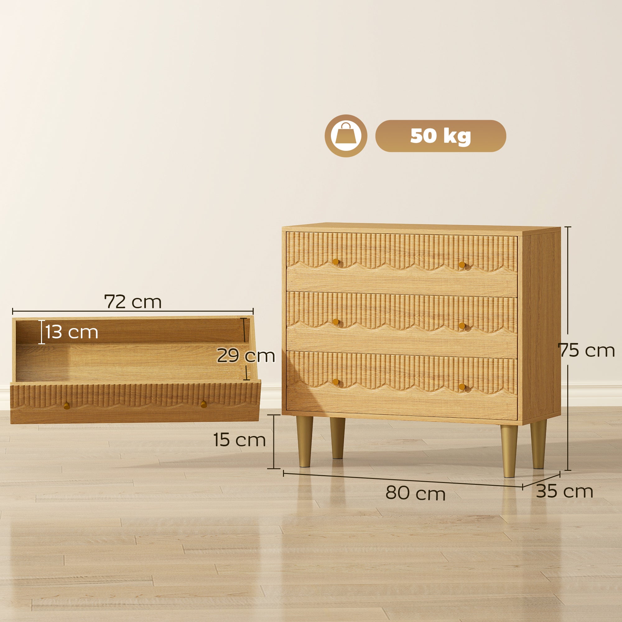 HOMCOM Dresser for Bedroom 3 Drawer Chest of Drawers with Steel Frame for Living Room in Oak 