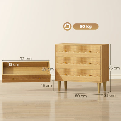 HOMCOM Dresser for Bedroom 3 Drawer Chest of Drawers with Steel Frame for Living Room in Oak 