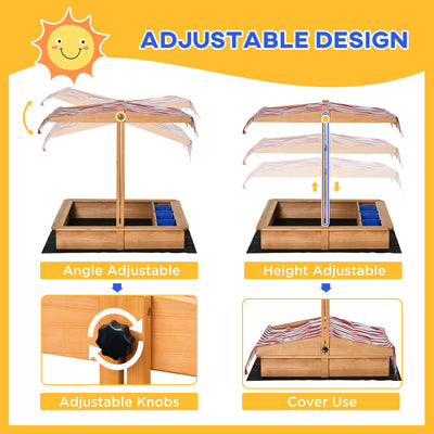 Outsunny Sand Pit Kids Wooden Sandbox with Cover Children Sandpit Play Station Height Adjustable with Canopy, Bottom Liner, Plastic Basins for Outdoor Aged 3-7 Years 