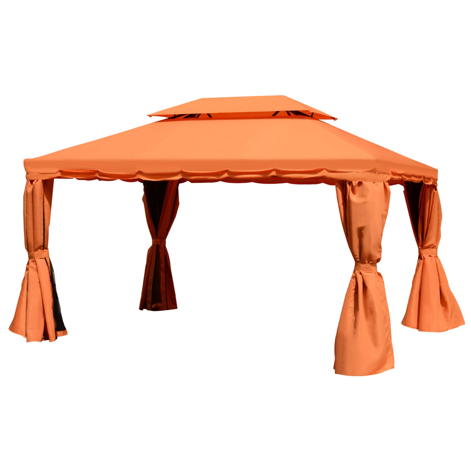 Outsunny 4 x 3 m Aluminum Garden Gazebo, Double Roof Outdoor Gazebo Canopy Shelter with Netting & Curtains for Garden, Lawn, Backyard and Deck, Orange 