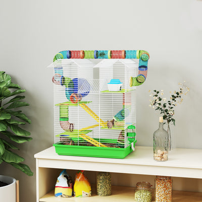 PawHut 5 Tier Hamster Cage Carrier Habitat with Exercise Wheels Tunnel Tube Water Bottle Dishes House Ladder for Dwarf Mice, Green 