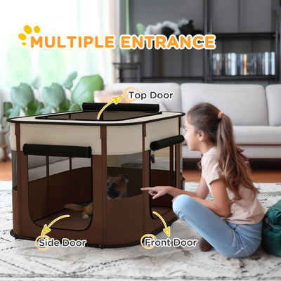 PawHut Foldable Dog Pen with Storage Bag for Indoor/Outdoor Use, Portable Pet playpen, with Ground Stakes - Brown 