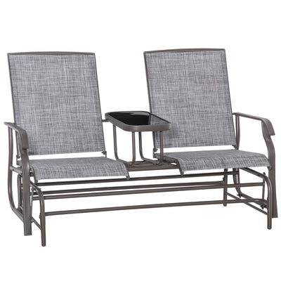 Outsunny 2 Seats Garden Glider Bench, Metal Frame Loveseat with Glass Top  Centre Table, Porch Rocking Glider for 2 Person, for Deck, Patio, Brown/ Grey 