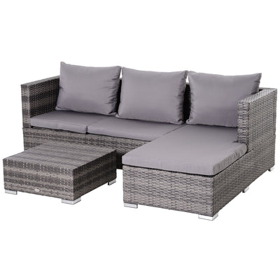 Outsunny 3PC Rattan Garden Furniture Storage Sofa Set 4 Seater Wicker Coffee Table Conservatory Sun Lounger Reclining Set Outdoor Weave with Cushion Grey 