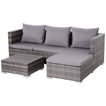 Outsunny 3PC Rattan Garden Furniture Storage Sofa Set 4 Seater Wicker Coffee Table Conservatory Sun Lounger Reclining Set Outdoor Weave with Cushion Grey 
