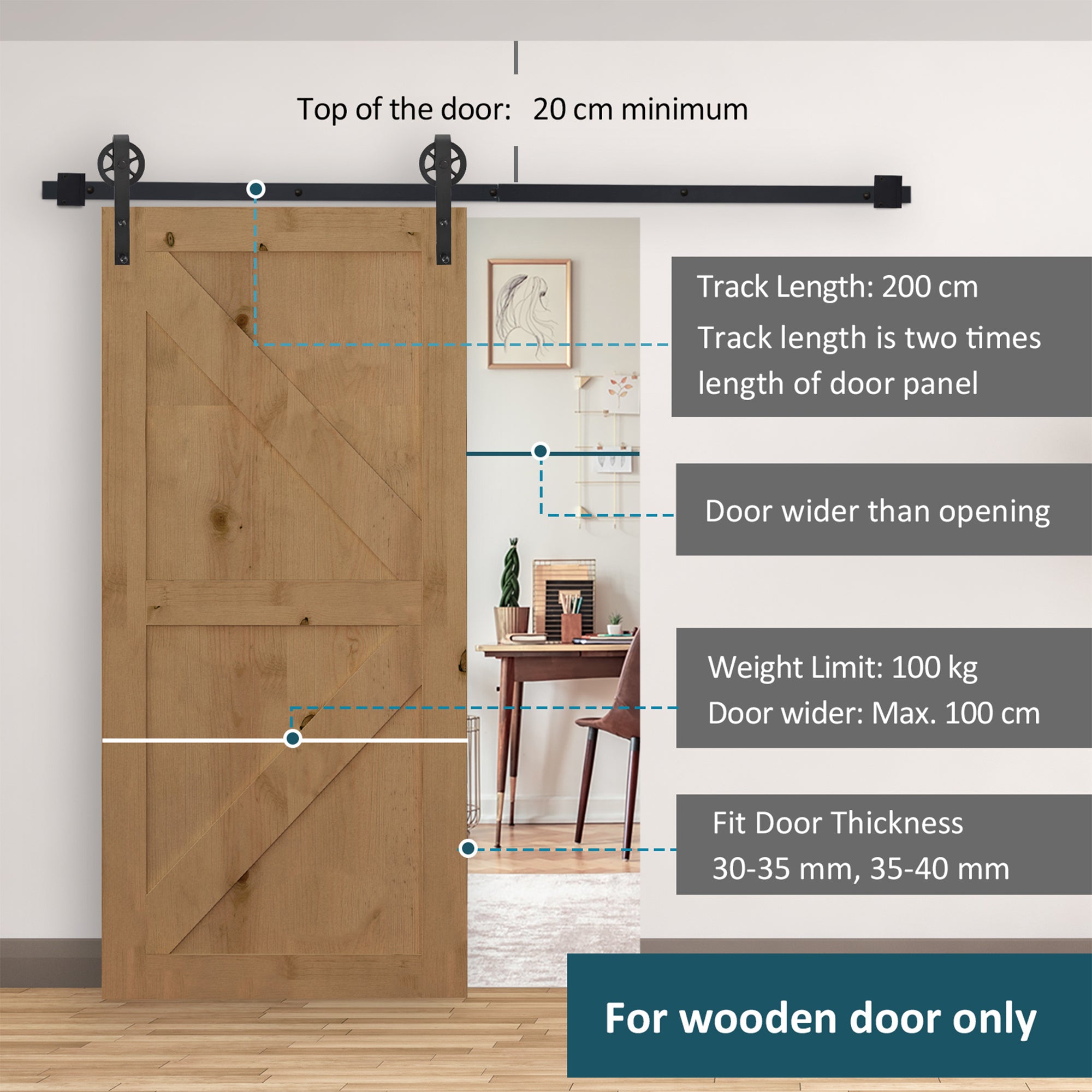 HOMCOM 6.6 FT/ 2000mm Carbon Steel Sliding Barn Door Kits Hardware Closet Set Track System for Single Wooden Door Industrial Wheel Style Roller 