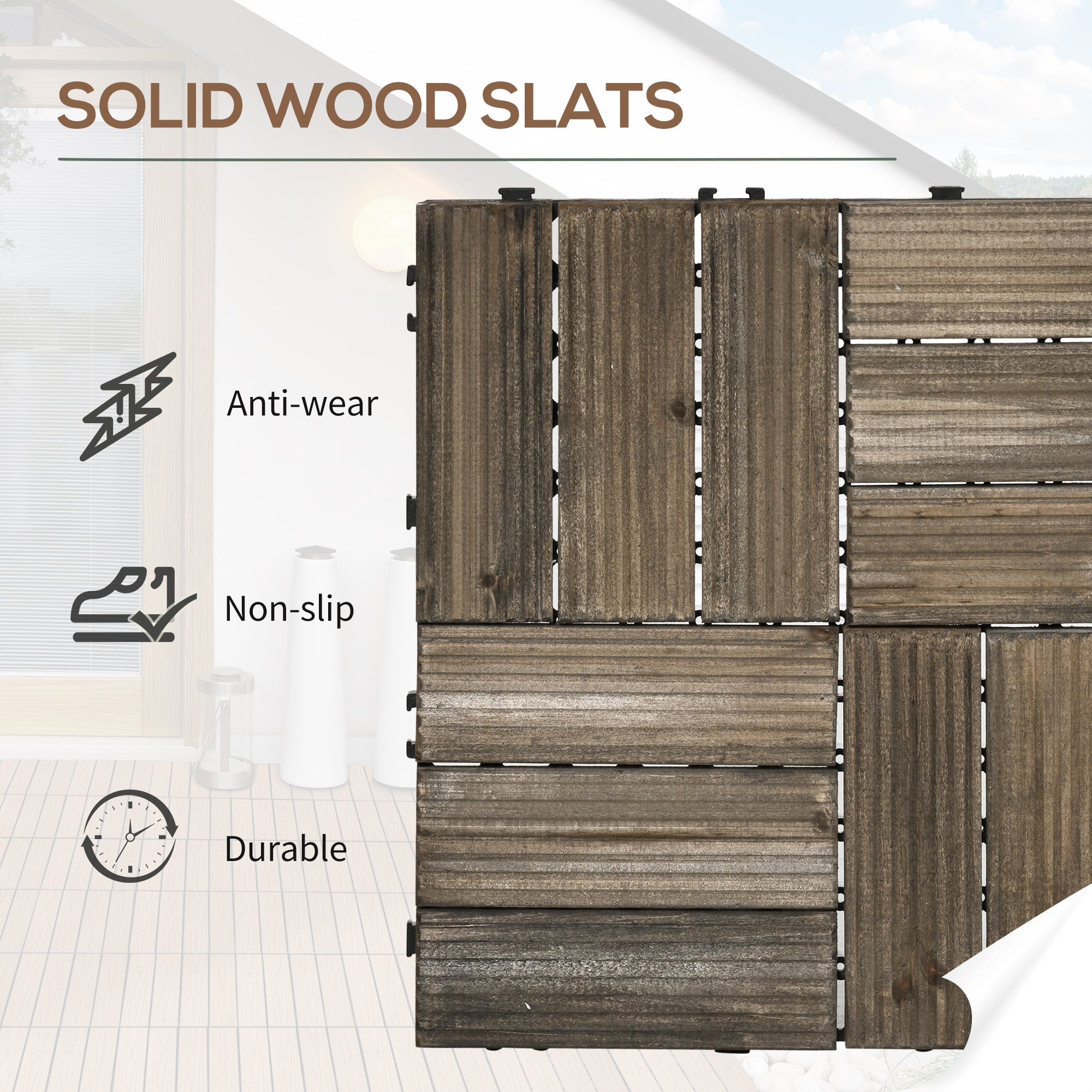 Outsunny 27 Pcs Wooden Interlocking Decking Tiles, Outdoor Flooring Tiles for Patio, Balcony, Terrace, Hot Tub, 30 x 30 cm per Piece, 2.5\'e3\'8e\'a1 per Pack, Charcoal Grey