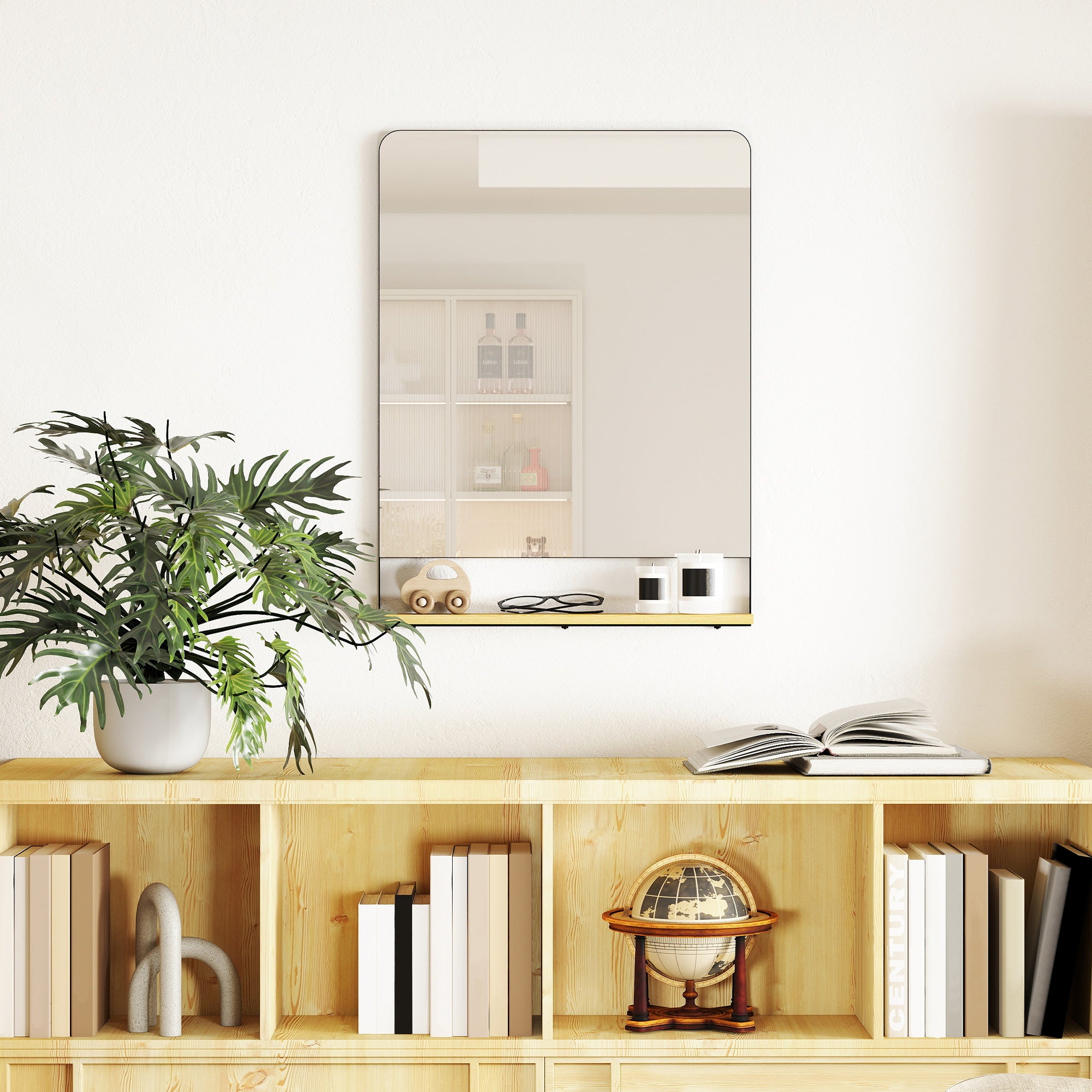 HOMCOM Wall Mirror with Wood Shelf - Black 