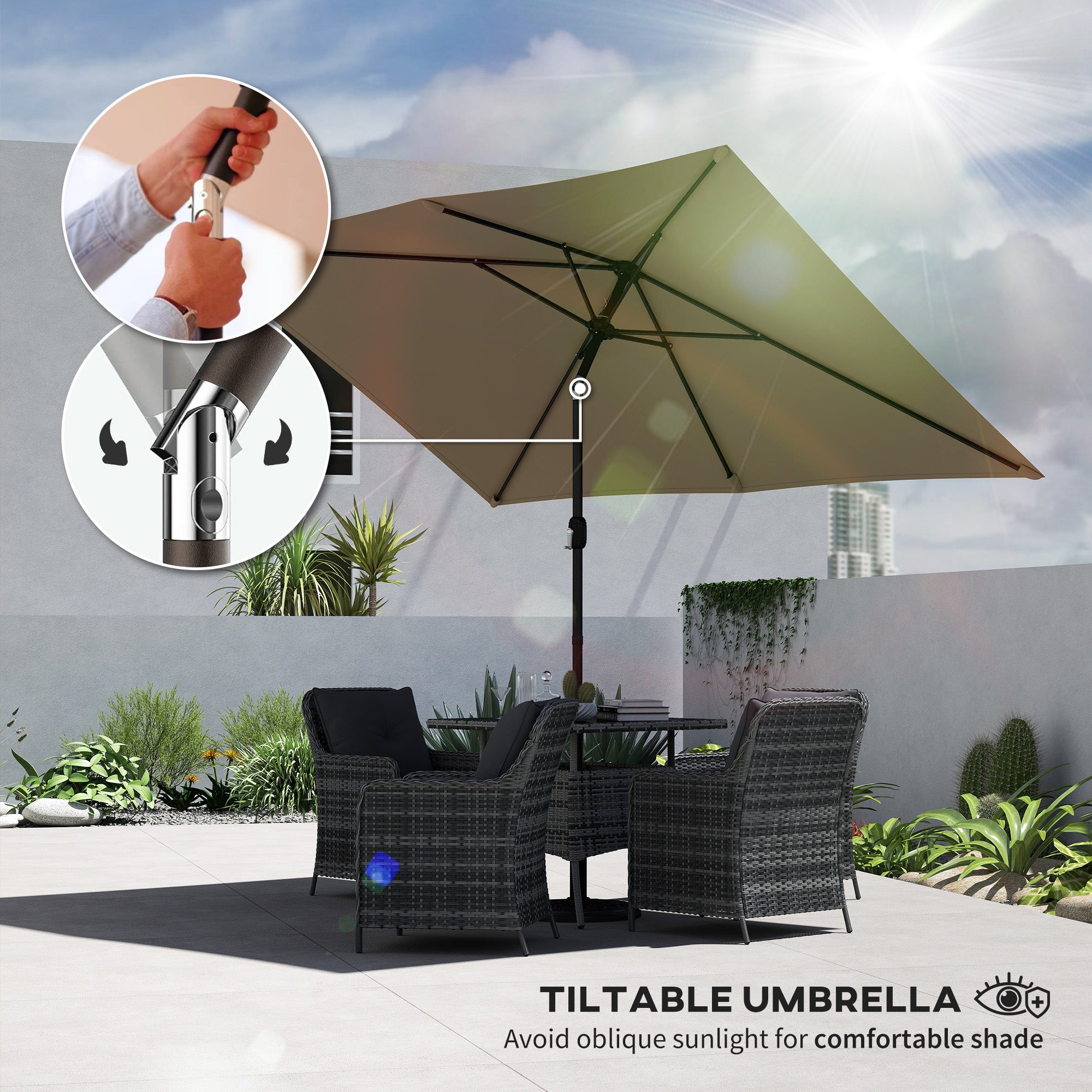 Outsunny Garden Parasol, Parasol Umbrella with Crank Handle, Tilt Function, Polyester Canopy, Khaki 