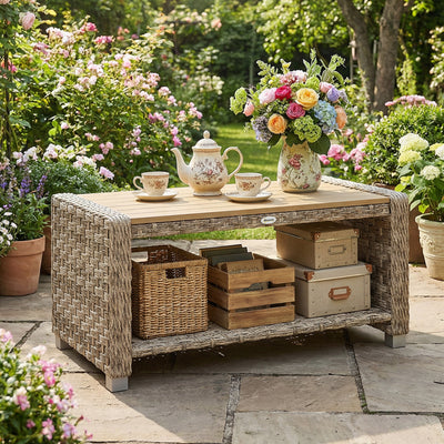 Outsunny Outdoor Coffee Table with Storage Shelf, PE Rattan Side Table with Slatted Top and Foot Pads, Light Brown 