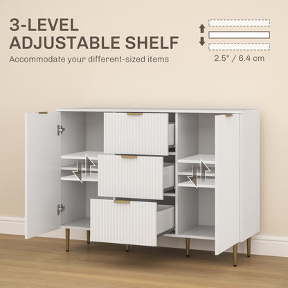 HOMCOM Sideboard Buffet Cabinet, Modern Kitchen Storage Cabinet with 3 Drawers and Adjustable Shelves, Living Room Cabinet with Metal Legs for Hallway, White 