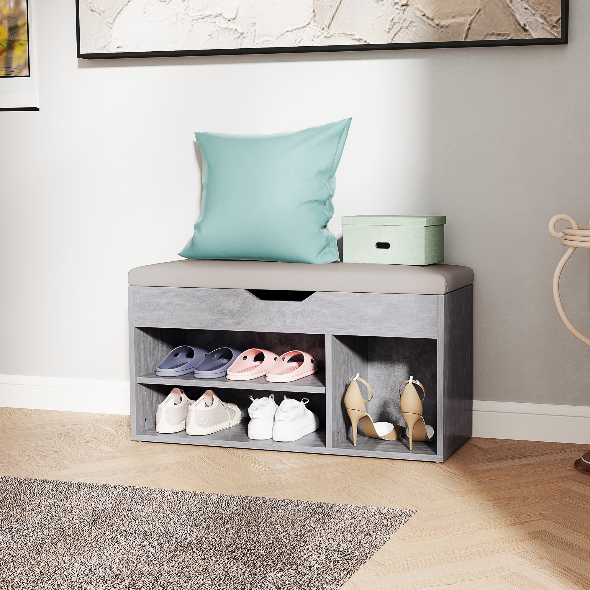 HOMCOM Shoes Cabinet Bench Hidden Storage Padded Seat Organiser Footwear Rack Hallway Grey Wood Grain 