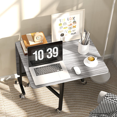 HOMCOM Six-Seater Drop-Leaf Dining Table, with Wheels - Grey Wood-Effect 