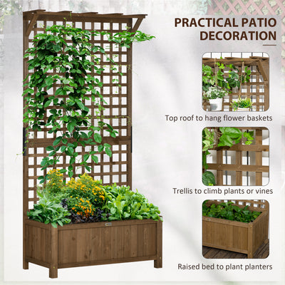 Outsunny Raised Bed with Drainage Holes, Wood Planter with Trellis for Climbing Plants to Grow Vegetables, Flowers, Brown 