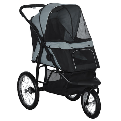 PawHut Dog Pram Dog Stroller Jogger Foldable Pet Pushchair for Medium, Small Dogs, w/ Rubber Wheels, Washable Cushion - Grey 