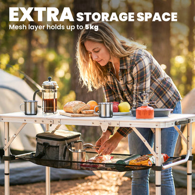 Outsunny 3ft Folding Camping Table, Picnic Table with Mesh Storage Layer, Carrying Bag and Metal Frame, Cream White 