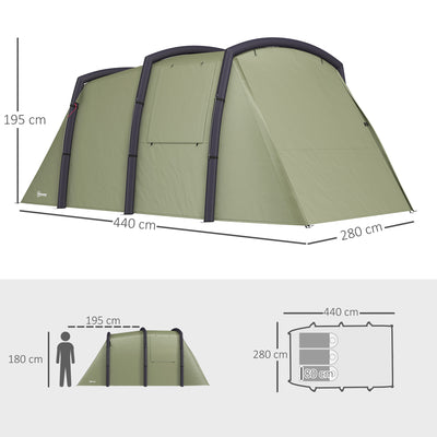 Outsunny Inflatable 3-4 Man Tunnel Tent w/ Air Pump, Living Area & Vestibule, Waterproof Family Camping Air Tent w/ Sewn In Groundsheet & Removable Footprint for Camping, Hiking, Olive Green 