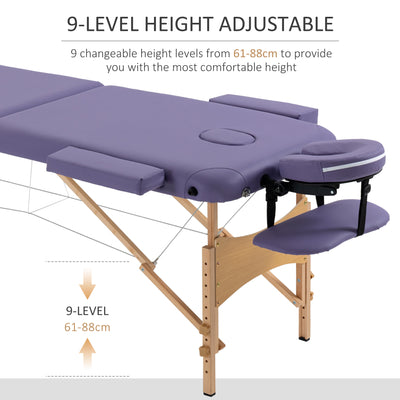 HOMCOM Portable Massage Bed, Folding Spa Beauty Massage Table with 2 Sections, Carry Bag and Wooden Frame, Purple 