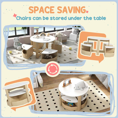 AIYAPLAY Five-Piece Kids Table and Chairs Set with Storage, for Ages 3-8 Years, White 