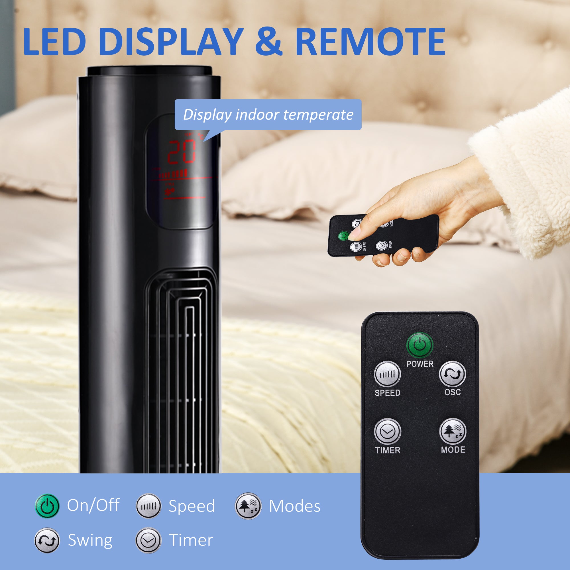 HOMCOM 38'' Freestanding Tower Fan, 3 Speed 3 Mode, 12h Timer, 70 Degree Oscillation, LED Panel, 5M Remote Controller, Black 