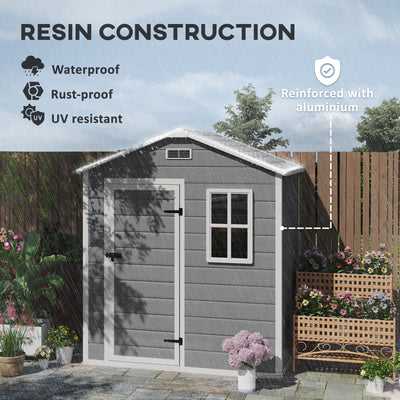 Outsunny 6 x 4ft Garden Shed, Plastic Shed with Floor, Window, Lockable Door and Vents, Wood Effect Resin Tool Shed for Outdoor, Grey 