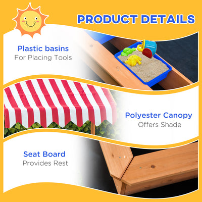 Outsunny Sand Pit Kids Wooden Sandbox with Cover Children Sandpit Play Station Height Adjustable with Canopy, Bottom Liner, Plastic Basins for Outdoor Aged 3-7 Years 