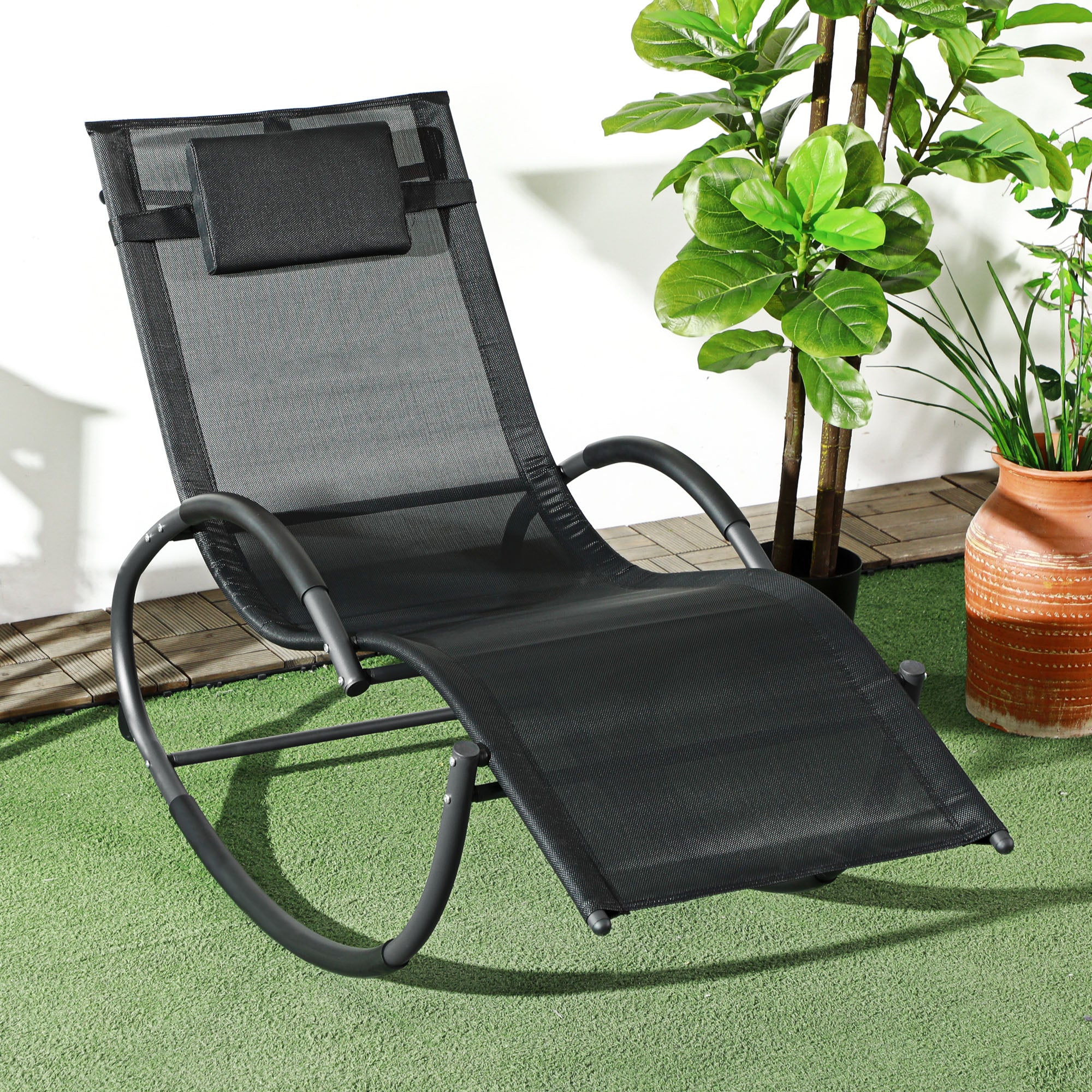 Outsunny Steel Frame Zero Gravity Rocking Chair, with Pillow - Black 