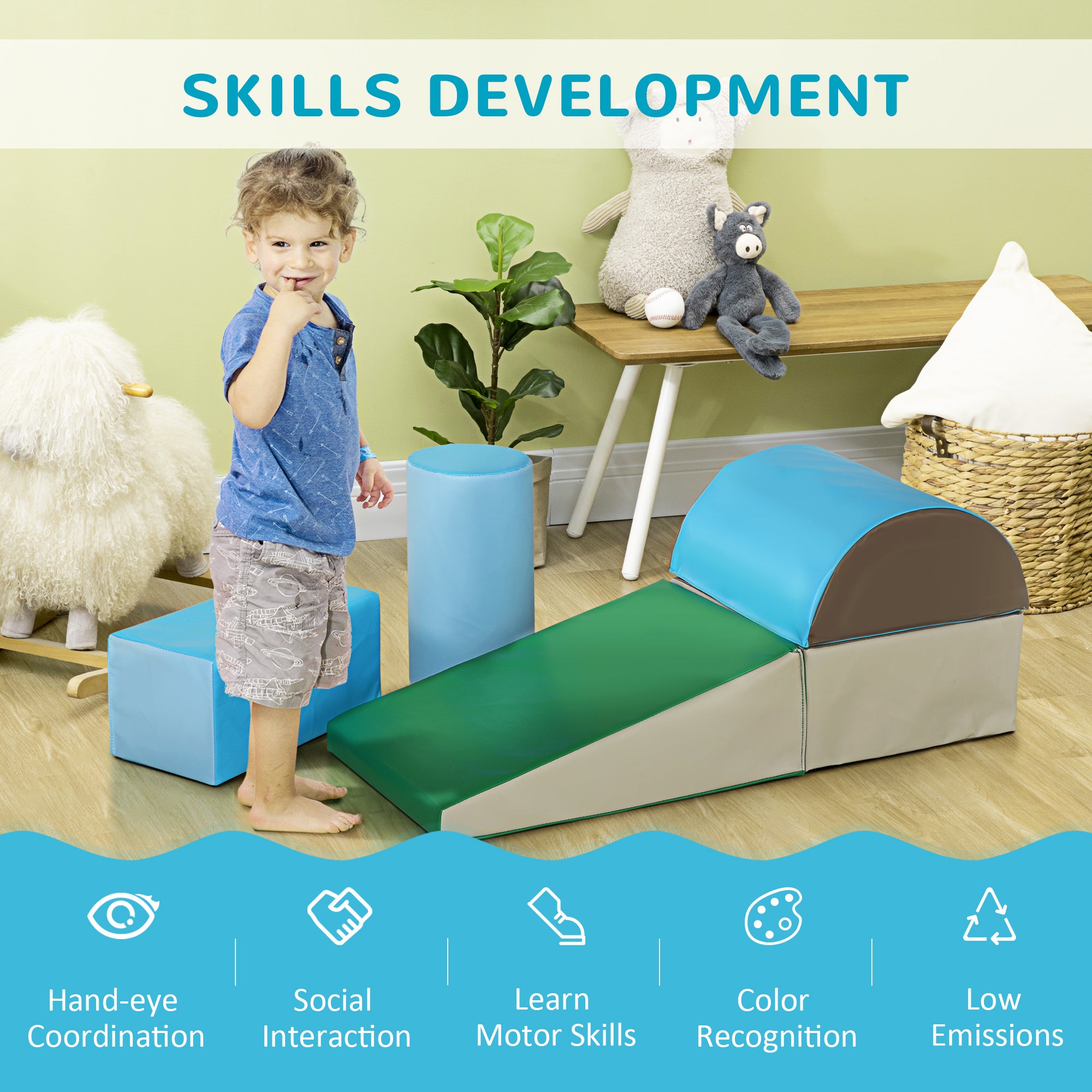 HOMCOM 5 Piece Climb and Crawl Activity Play Set Soft Foam Blocks for Baby Toddler Preschooler Indoor Play Equipment Learning Toys Blue 