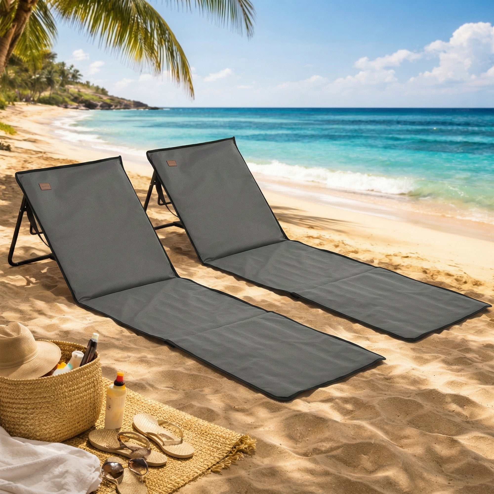 Outsunny Set of 2 Foldable Garden Beach Chair Mat, Outdoor Sun Lounger Seats with Adjustable Back, Magazine Pocket, Carry Bag 