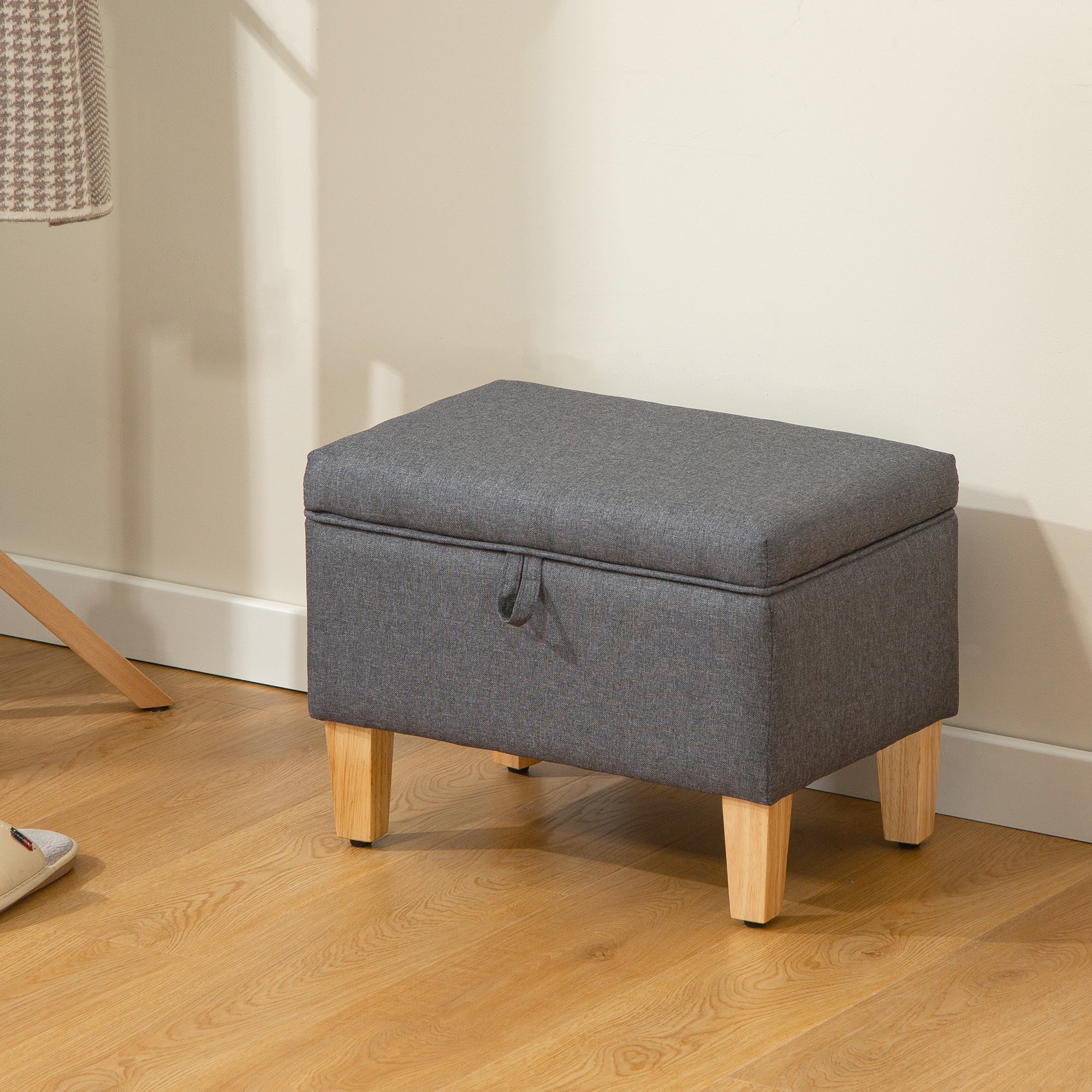 HOMCOM 16L Linen Storage Ottoman Padded Footstool with Rubberwood Legs for Storage Box, Bed End, Shoe Bench, Seating, Charcoal Grey 