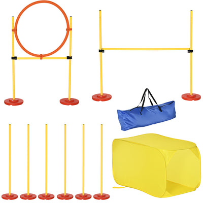 Pawhut Dog Agility Equipment Portable Pet Training Obstacle Set for Dogs 5 Pieces w/ Adjustable High Jumping Pole, Jumping Ring, Weave Poles, Tunnel 