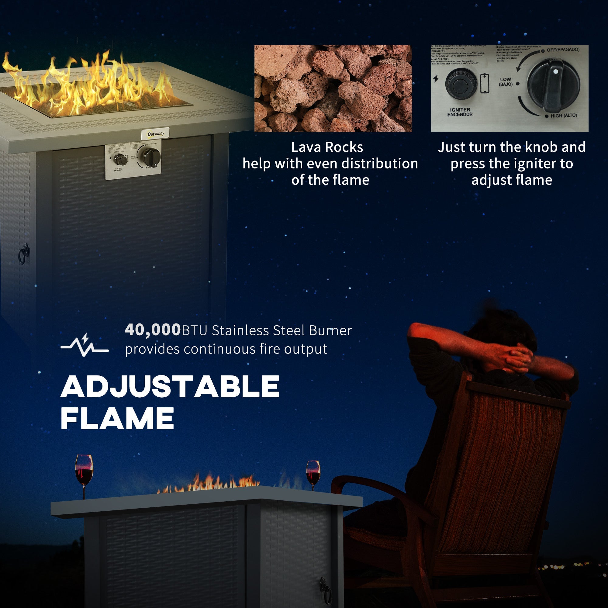 Outsunny 71 x 71cm 40000 BTU Gas Firepit Table - Black/Dark Grey 