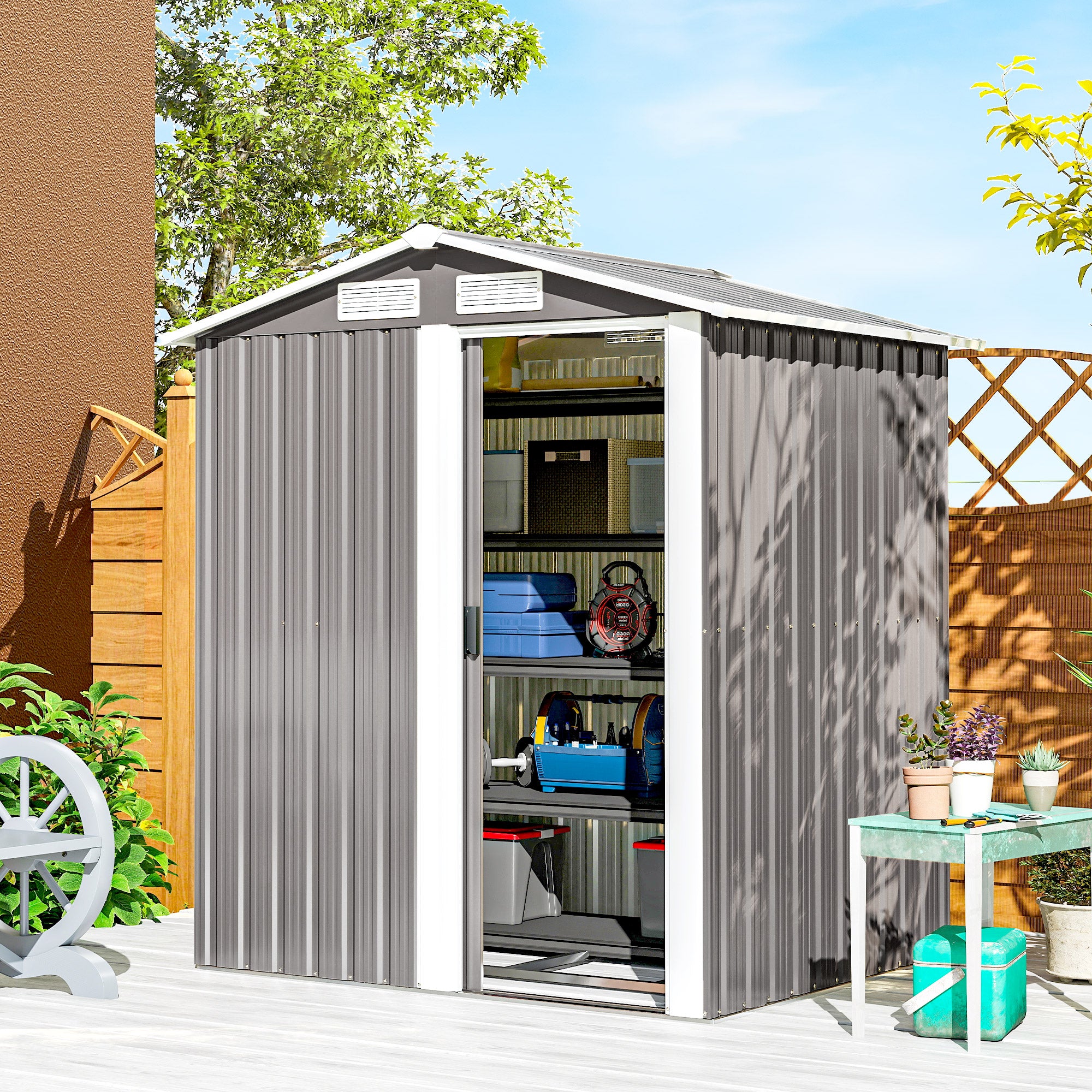 Outsunny Garden Metal Tool Storage Shed with Sliding Door, Sloped Roof and Foundation Kit, 152 x 132 x 188cm, Grey 